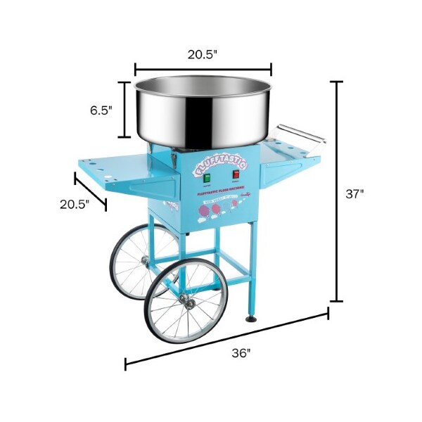 Cotton Candy Machine And Cart, Flufftastic Floss Maker, Stainless Steel Pan, 2 Side Trays,13 Wheels